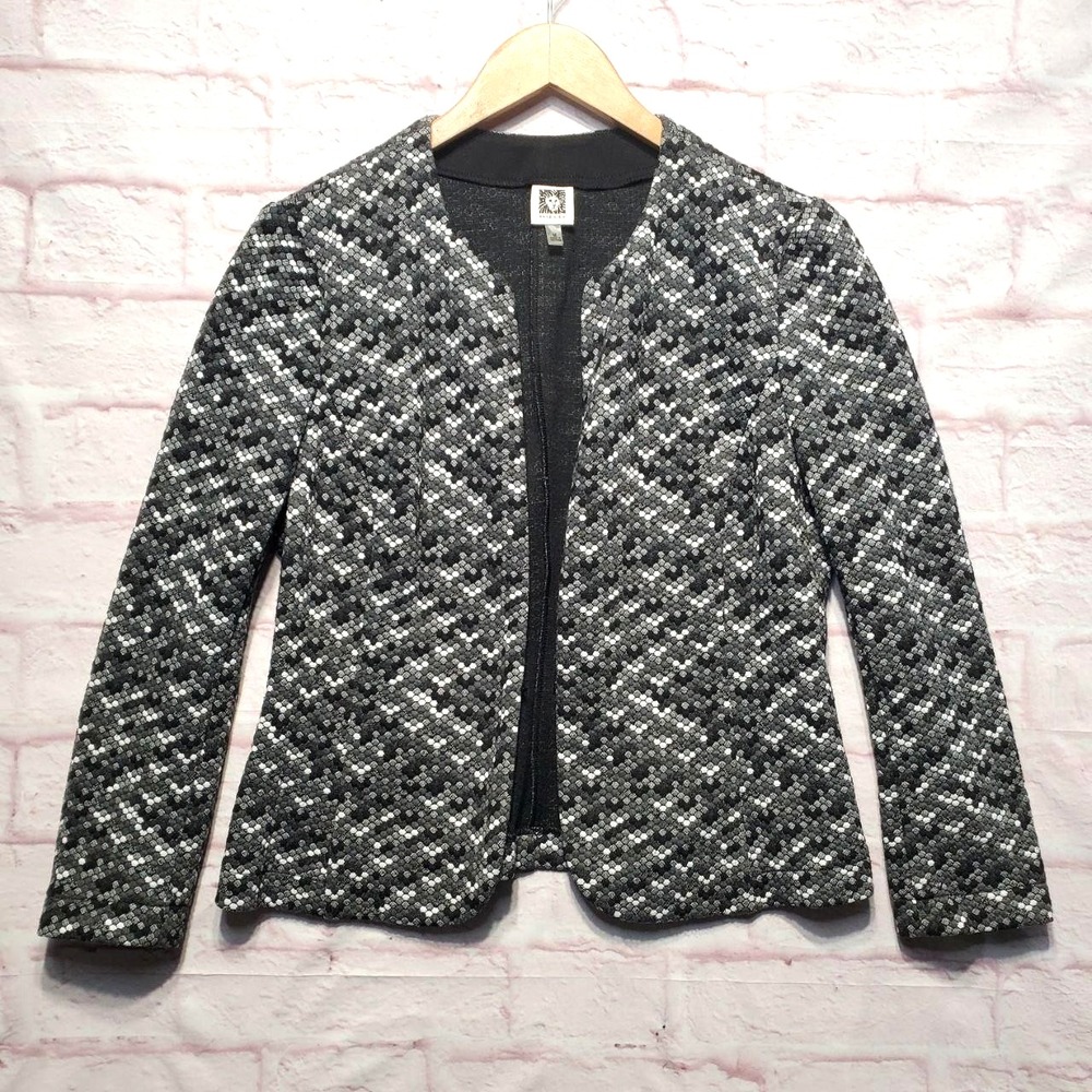 Anne Klein Jacket Women Medium Gray Geometric Knit Open Front Blazer Office Chic
